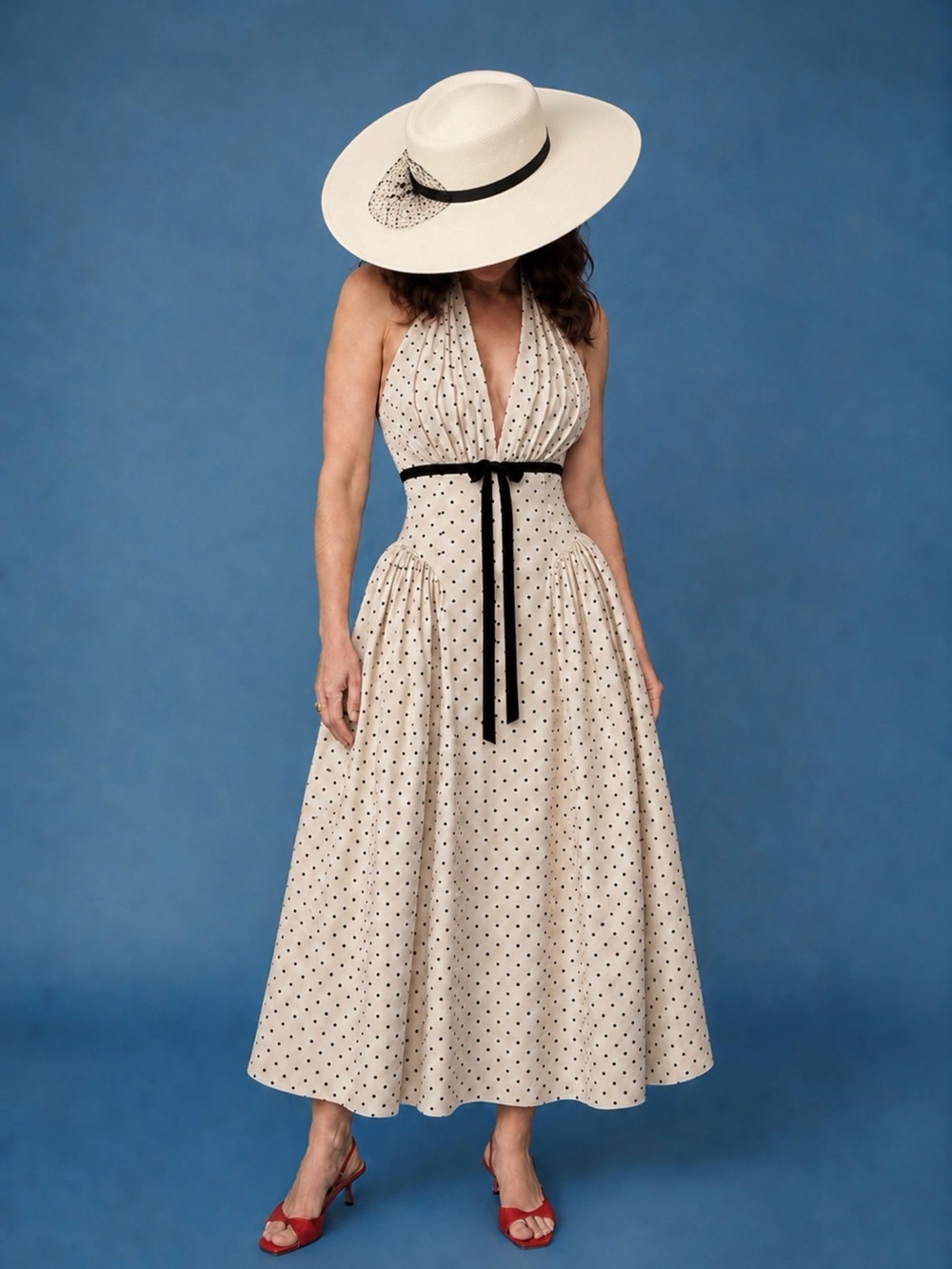 AKIRA Beige Polka Dot Halter Maxi Dress with Black Waist Tie
